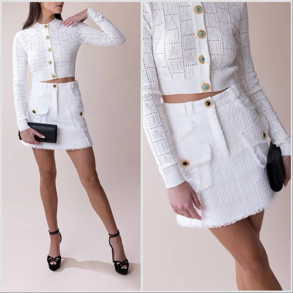 Balmain Two Pocket Tweed A Line Mini Skirt White 38 FR 6 US NWT